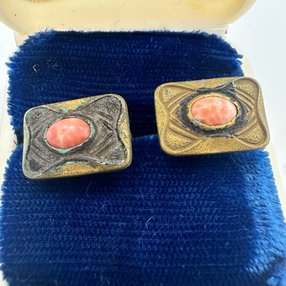 Unbranded Other - Antique Victorian Arts & Crafts gold tone peach art glass bean back cufflinks